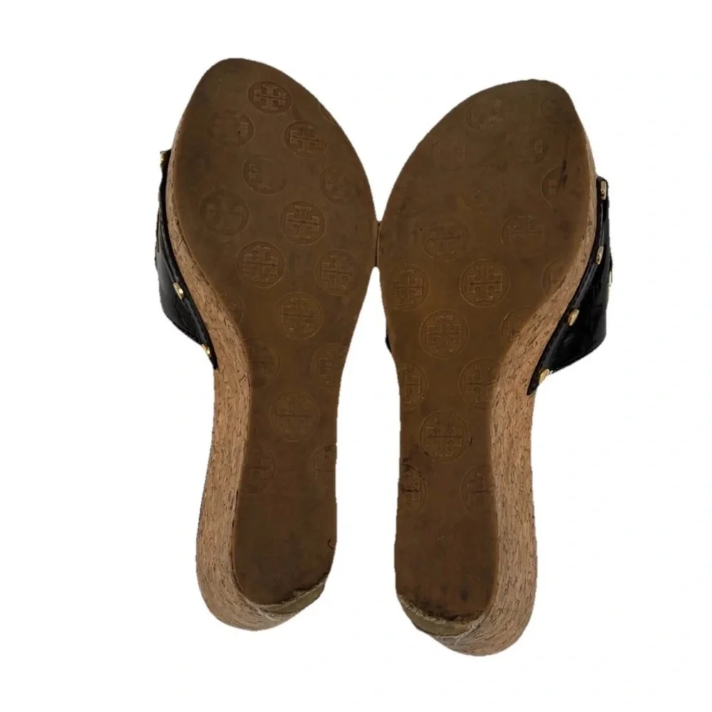Tory Butch wedge Sandal I Black Leather Slipon size 9.5